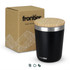 A drink bottle in black with a wooden lid, presented alongside a simple cardboard box with a logo.