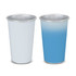 A drink cup displaying a gradient colour change from white to blue, featuring a metallic interior and a logo.