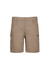 A pair of women's essential stretch cargo shorts in a light tan colour, featuring side pockets and a button closure.