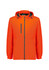 A bright orange unisex rain jacket with a hood and a front zip closure. It features a logo on the chest.