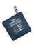 A navy packable rain jacket, folded into a small pouch with a clip, featuring a logo and product details.