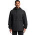 A black windbreaker jacket with a hood, featuring a front pouch pocket and a logo on the chest.