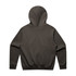 A dark grey hoodie with a large hood and ribbed cuffs. The back view features a plain design.