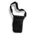 A drink bottle bag in black with a shoulder strap, featuring a front pocket and drawstring closure.