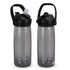 A drink bottle in black and grey, featuring a flip straw and a carrying handle. The bottle has a logo.