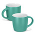 A coffee mug in teal with a contrasting white interior, featuring a handle and a smooth matte finish.