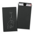 A black gift card holder with a seal, featuring a minimalist logo on the front. The back is plain.