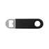 A drink bottle opener in black with a stainless steel head, featuring a logo on the handle.