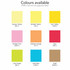 A grid displaying sticky pad colours: canary yellow, brilliant yellow, sun yellow, pink, orange, red, lime green, ultra blue, and kraft.