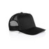 A black mesh trucker cap featuring a solid front panel and a breathable mesh back. It has a branded logo.