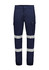 Navy cargo pants featuring cuffed hems and reflective stripes, with a side pocket and a logo on the waistband.
