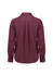 A burgundy women's long sleeve button-up shirt featuring a classic collar and a back pleat, with a logo present.