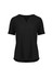 A black women's short sleeve blouse with a V-neck and a relaxed fit. The blouse features ruching details and has a logo.