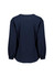 A navy blue women's long sleeve blouse featuring ruché detailing and a relaxed fit design. It has a branding logo.