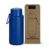 A drink bottle in matte blue with a lid and a packaging box featuring a simple outline design.