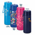 A drink bottle collection featuring blue, dark blue, pink, and navy designs with floral patterns and a logo on each.