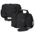 A black canvas duffle bag with adjustable shoulder strap and handles, featuring a logo and multiple compartments.