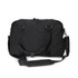 A black canvas duffle bag with dual handles and a removable shoulder strap, featuring a logo.