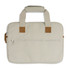 A beige laptop bag with brown accents and dual handles, featuring a front zip pocket and a simple design.