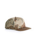 A camo cap in shades of beige and brown, featuring a logo on the front and a flat brim.