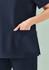 A navy women's scrub top featuring a side pocket and short sleeves. The fabric is smooth and durable.