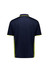 A men's short sleeve polo in navy with bright yellow accents and a branded logo on the back.