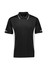 A black short sleeve polo shirt with white side panels and a branding logo.