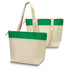 A cotton cooler tote in natural with a green top band, featuring two sturdy handles and a zip closure.