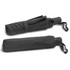 A black tri-fold umbrella, compactly folded with a strap for easy carrying. The umbrella features a handle and a logo.