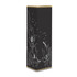 A tall patterned box featuring white floral illustrations on a black background, with a gold top edge.