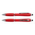 A red stylus pen set featuring a sleek design with chrome accents and a branding logo.