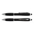 A stylus pen in black with silver accents, featuring a smooth body and a clip for easy attachment.