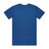 A blue T-shirt with short sleeves and a plain back, featuring a branding logo.