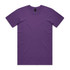 A purple T-shirt with short sleeves and a round neckline, featuring a logo on the inside label.