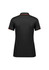 A black women's polo shirt with short sleeves and orange detailing, featuring a logo on the back.