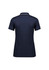 A navy blue women's short sleeve polo shirt with a collar and an embroidered logo.