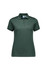 A women's short sleeve polo shirt in dark green with a collar and button placket, featuring a logo.