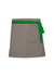 A grey waist apron with a green tie belt, featuring a back pocket and a simple design. It has a logo displayed.