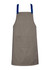 A grey apron with blue straps and a front pocket, featuring a simple, clean design. It has a logo at the top.
