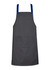 A grey apron with blue straps and a front pocket, featuring a branding logo on the straps.