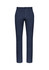 Navy chinos with a straight leg design and a button front, featuring a logo on the waistband.