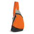 An orange and grey varsity slinger bag with a single strap and a black base, featuring a logo.