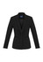 A women's black fitted blazer with a notched collar and single button fastening, featuring a logo inside.
