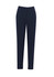 A pair of women's slacks in navy blue, featuring a sleek, tailored design and a logo.