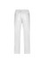 A pair of white track pants with an elastic waistband and minimal branding on the back.