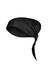 A black chef bandana with a tie at the back and a logo on one side, designed for chefwear.