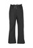 A pair of black bootleg scrub pants with an elastic waistband and side pockets. Features a logo on the waistband.