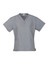 A grey women's scrub top with short sleeves and a v-neck design, featuring two front pockets and a logo.