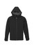 A black soft shell jacket with a hood, featuring a zip front and side pockets. It has a logo on the sleeve.