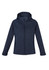 A navy women's soft shell jacket with a hood, featuring a textured pattern and zipped pockets.